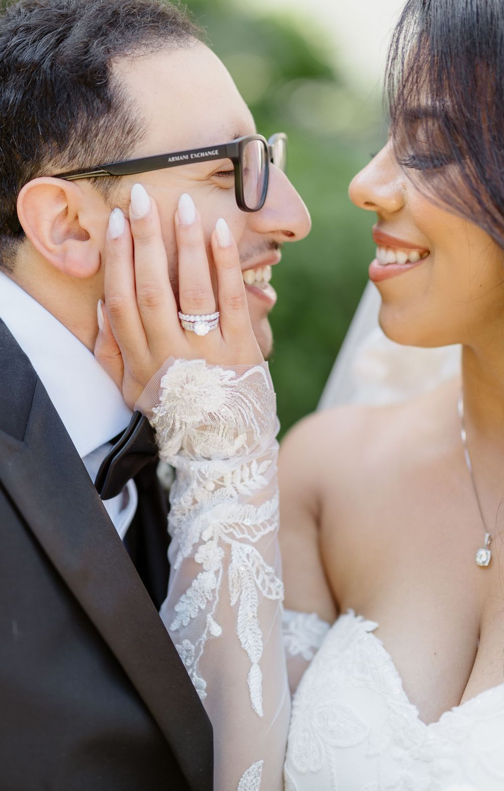 A romantic series of wedding portraits showing tender close-up moments between a bride in lace and groom.