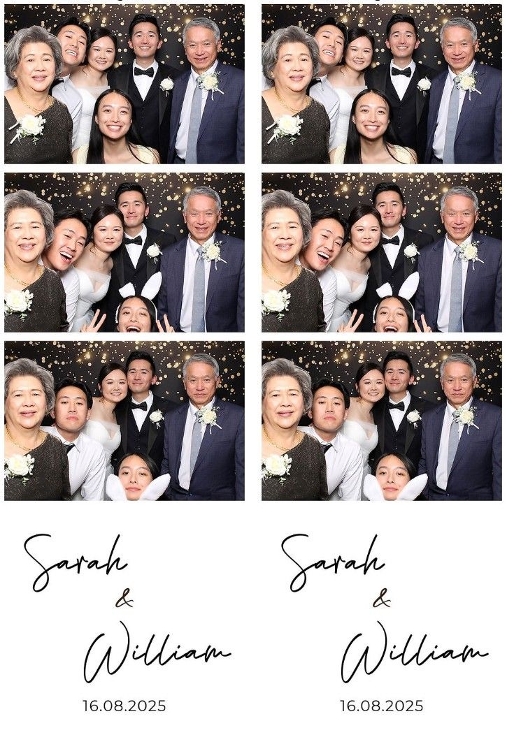 A series of photo booth strips showing people posing and smiling together at what appears to be a wedding celebration.