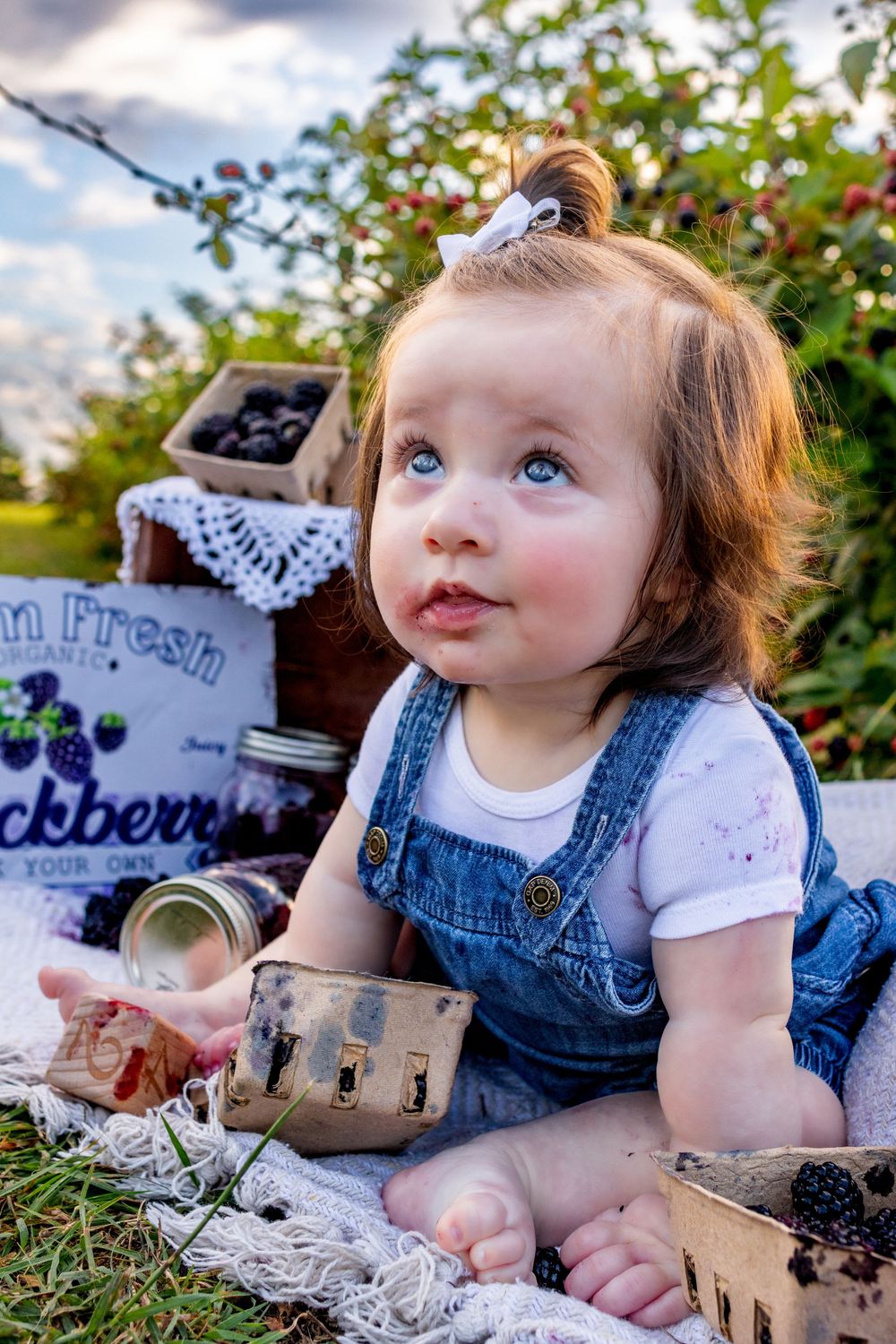 Adorable baby girl in denim overalls sitting outdoors among fresh blackberries and rustic farm decor.