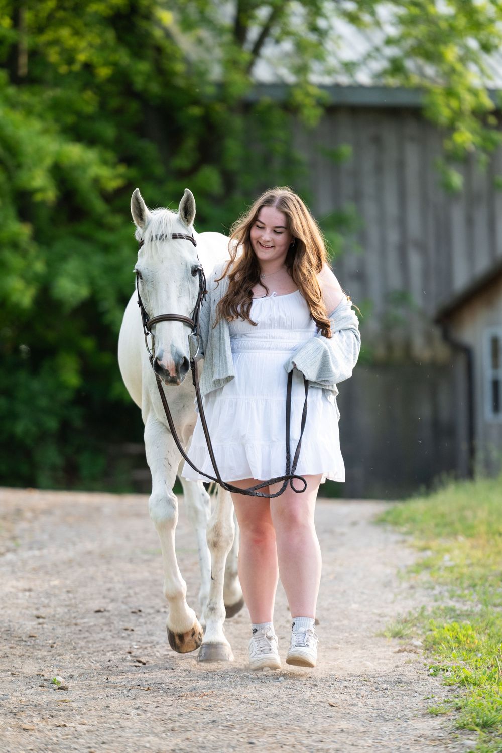 White pony and person walking together on a gravel path lined with green trees and wooden fence.