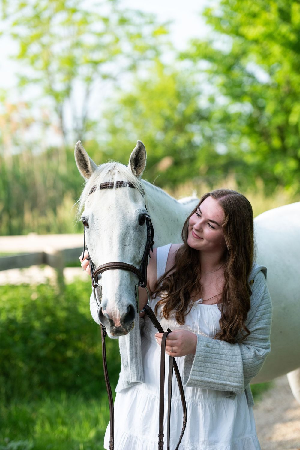 Beautiful white horse with dark bridle being affectionately embraced outdoors in a lush green setting.