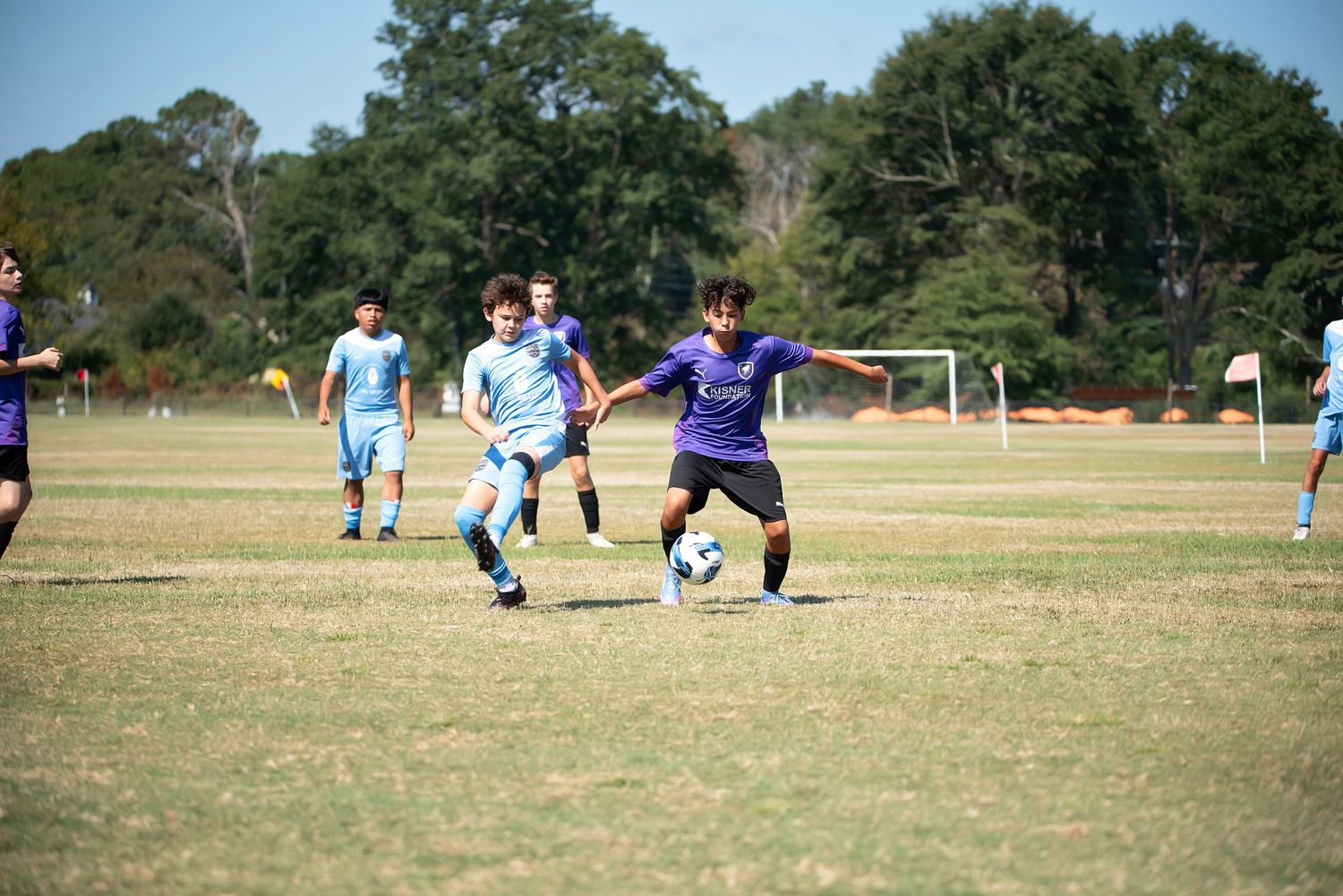Youth soccer players compete on a sunny grass field with trees in the background.