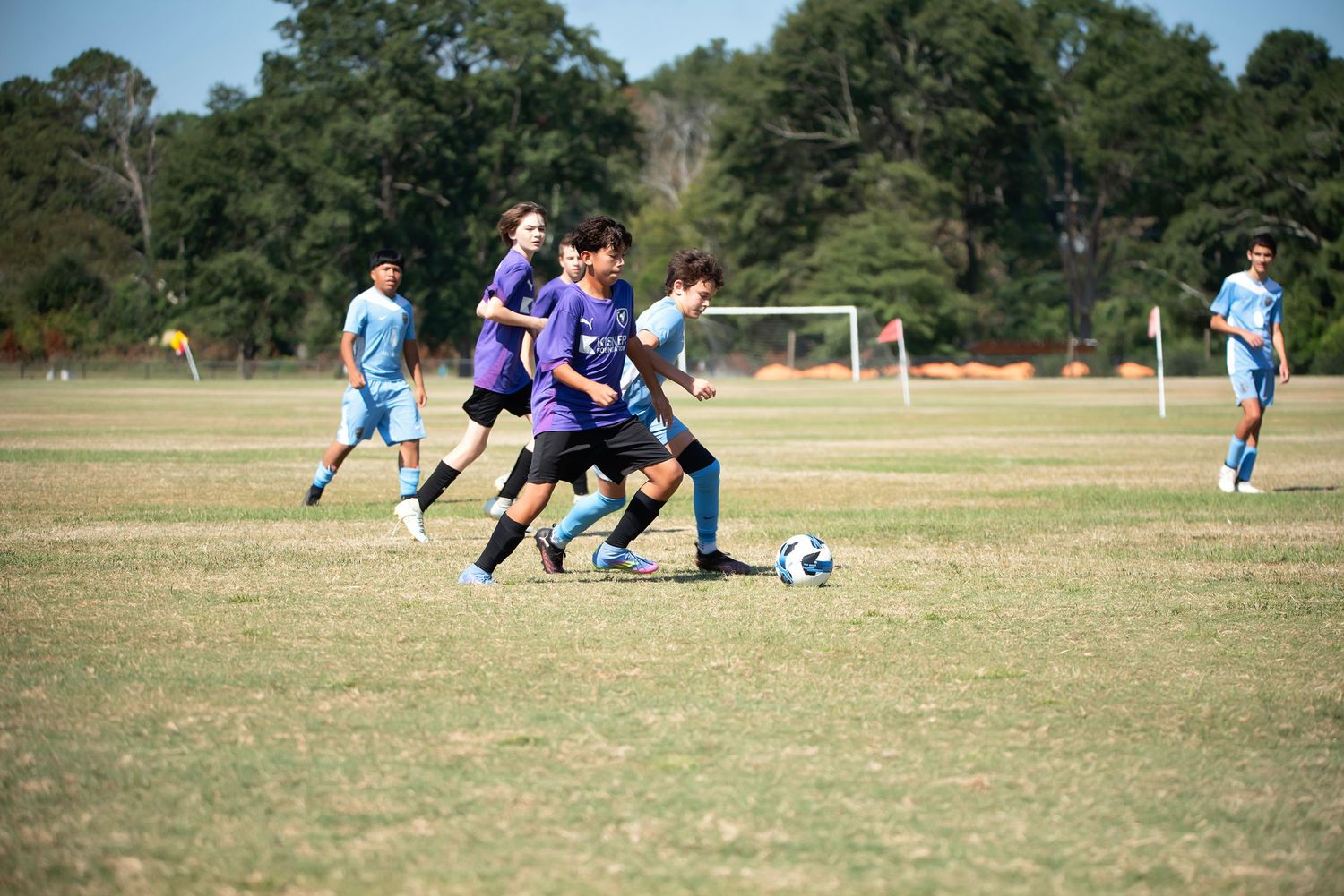 Soccer players compete for the ball during a match on a grassy field with trees in the background.