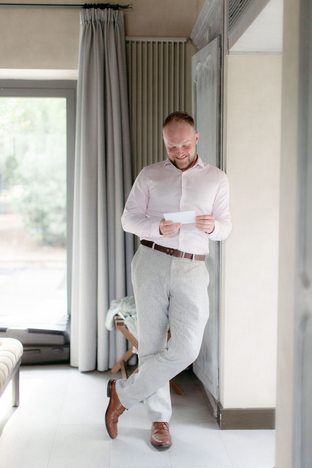 Series of candid moments showing preparations in a bright white room with floor-length curtains.