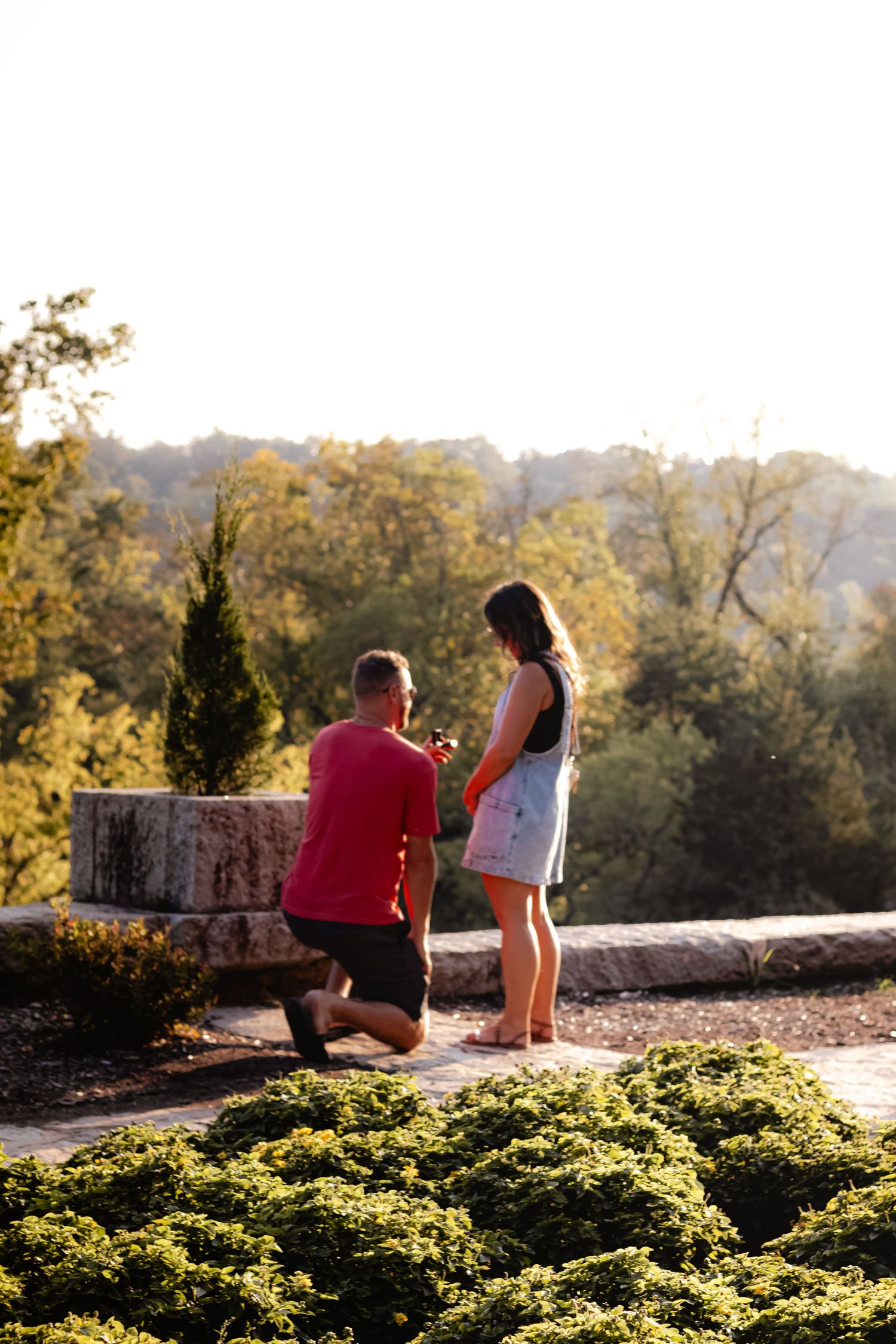 A romantic proposal moment at sunset with a person kneeling in a red shirt surrounded by autumn foliage.