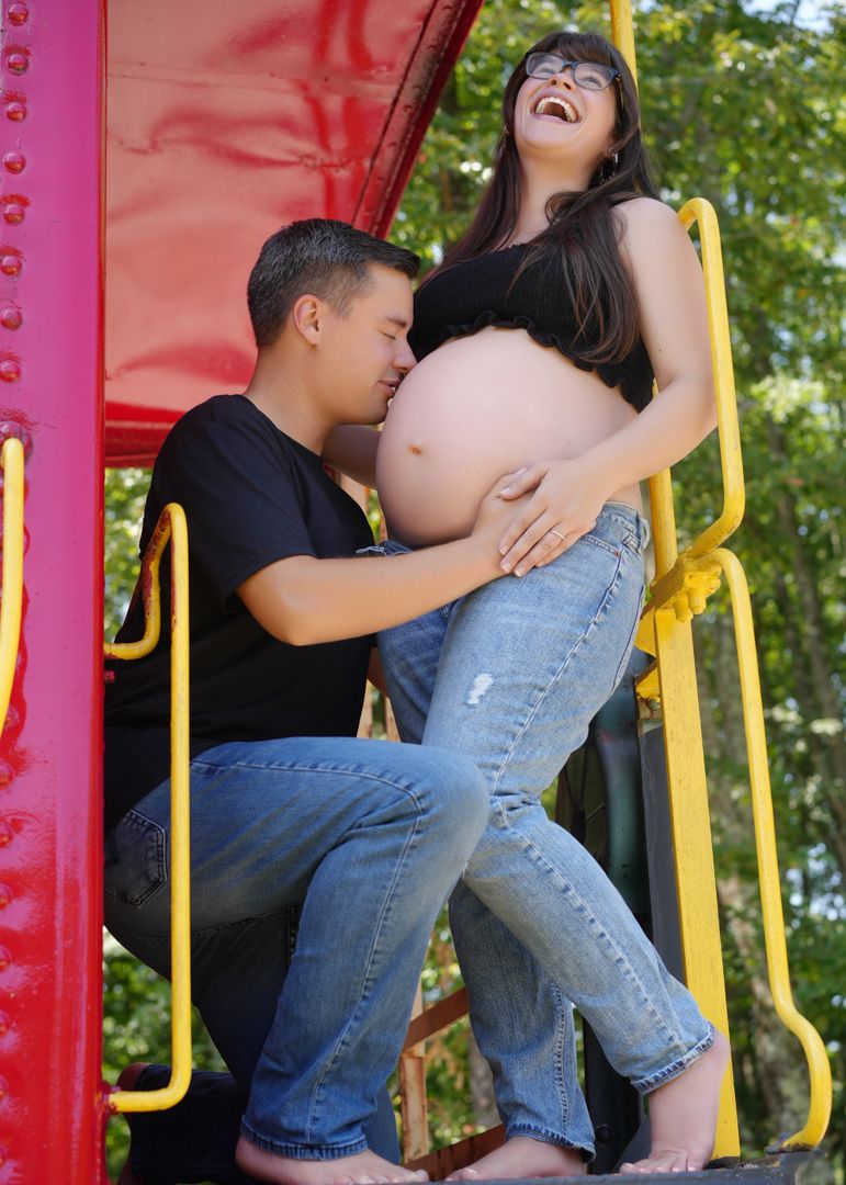 Multiple candid shots show people laughing together on yellow and red playground equipment outdoors.