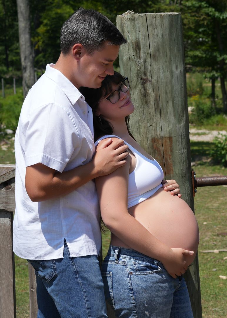 A sequence of maternity photos showing an expectant mother and partner posing together against a wooden fence.