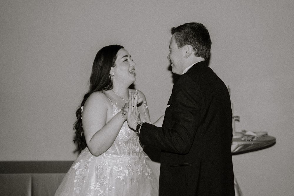 A black and white photo sequence shows a couple dancing together in elegant formal attire.