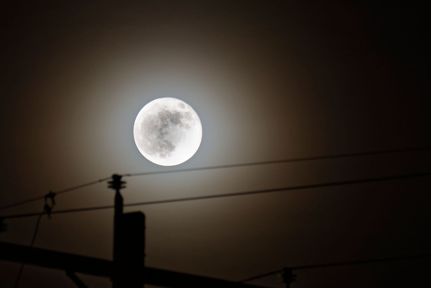 Artistic photo of full moon glowing brightly behind power lines in dark night sky.