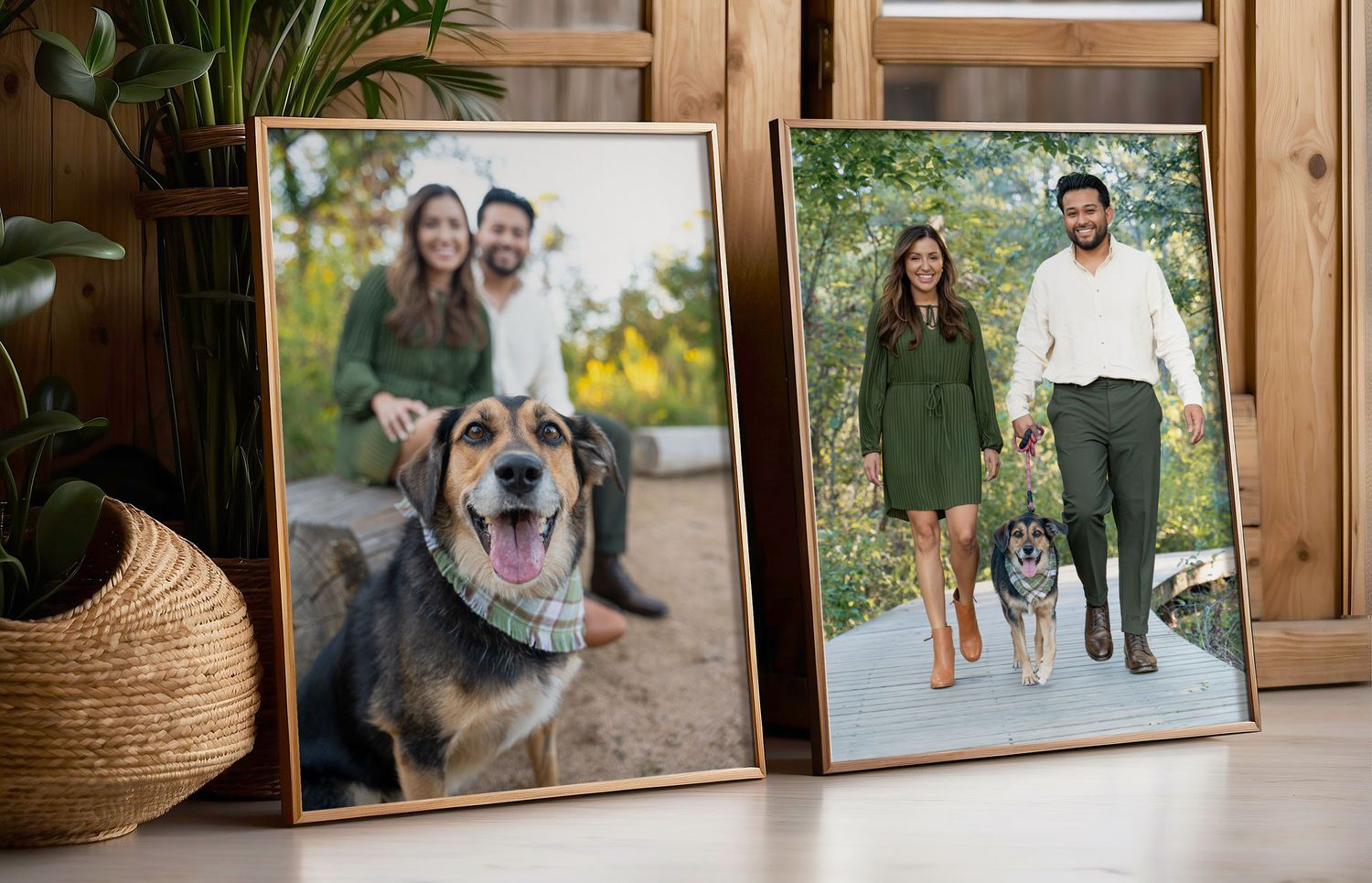 Two framed photos displayed showing a large happy dog with a bandana and couple walking together with their dog.