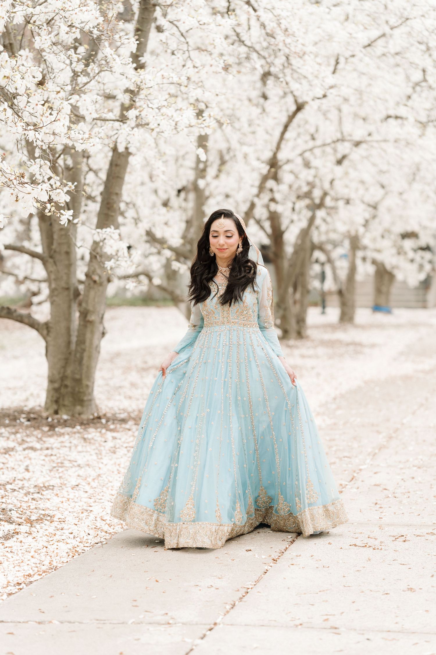 Woman in light blue embroidered Indian bridal gown walking among white blossoming trees in spring.