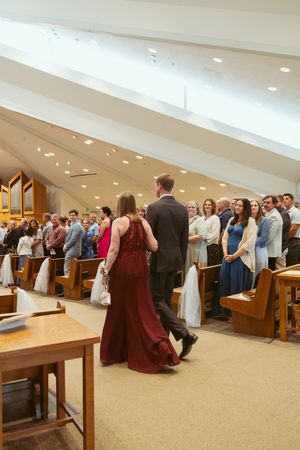 A sequence of photos showing guests gathered in rows inside a church or chapel during a wedding ceremony.