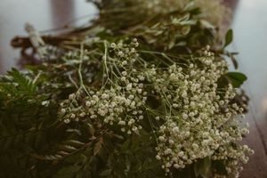 White baby's breath flowers in delicate bunches sitting on a rustic background.