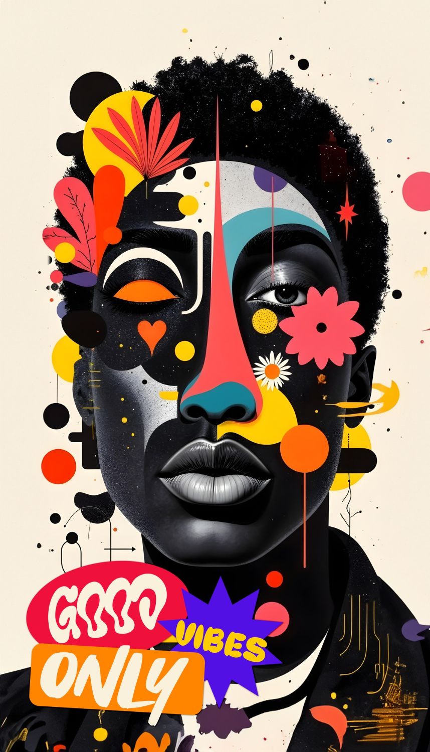 Vibrant artistic illustration with colorful floral elements and geometric shapes featuring "Good Vibes Only" text.