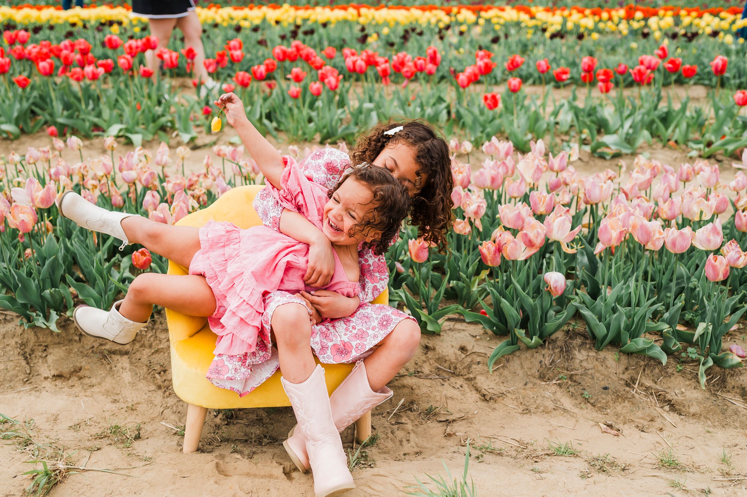 Two people in matching pink outfits sharing a playful moment in a colorful tulip field garden.