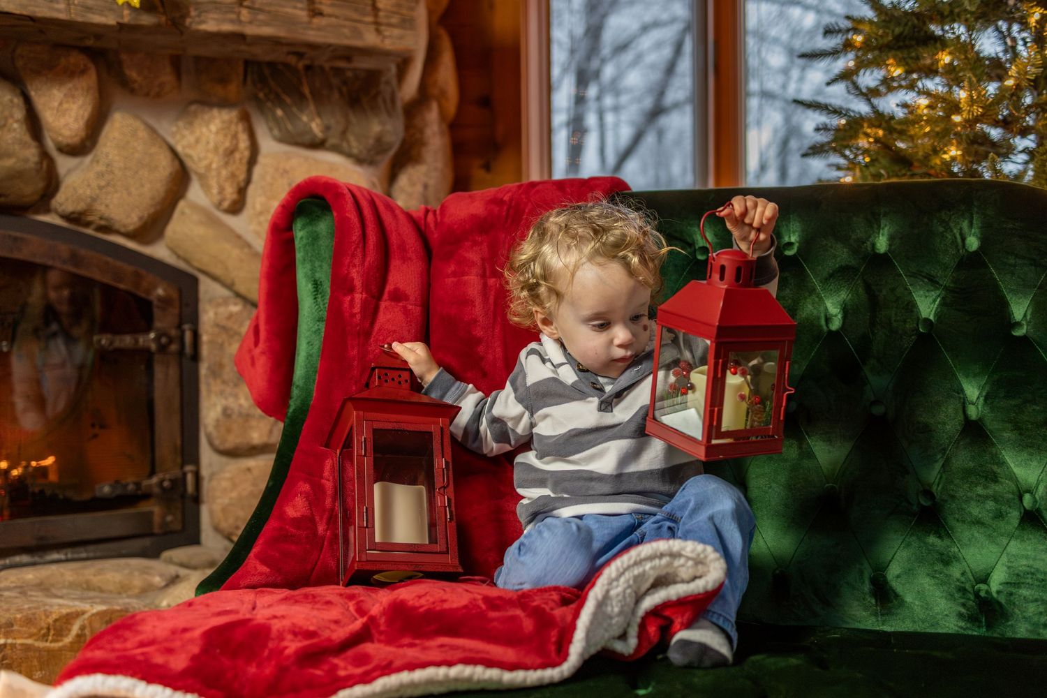 A sequence of holiday photos shows a child in Christmas attire exploring decorations and festive red furniture.