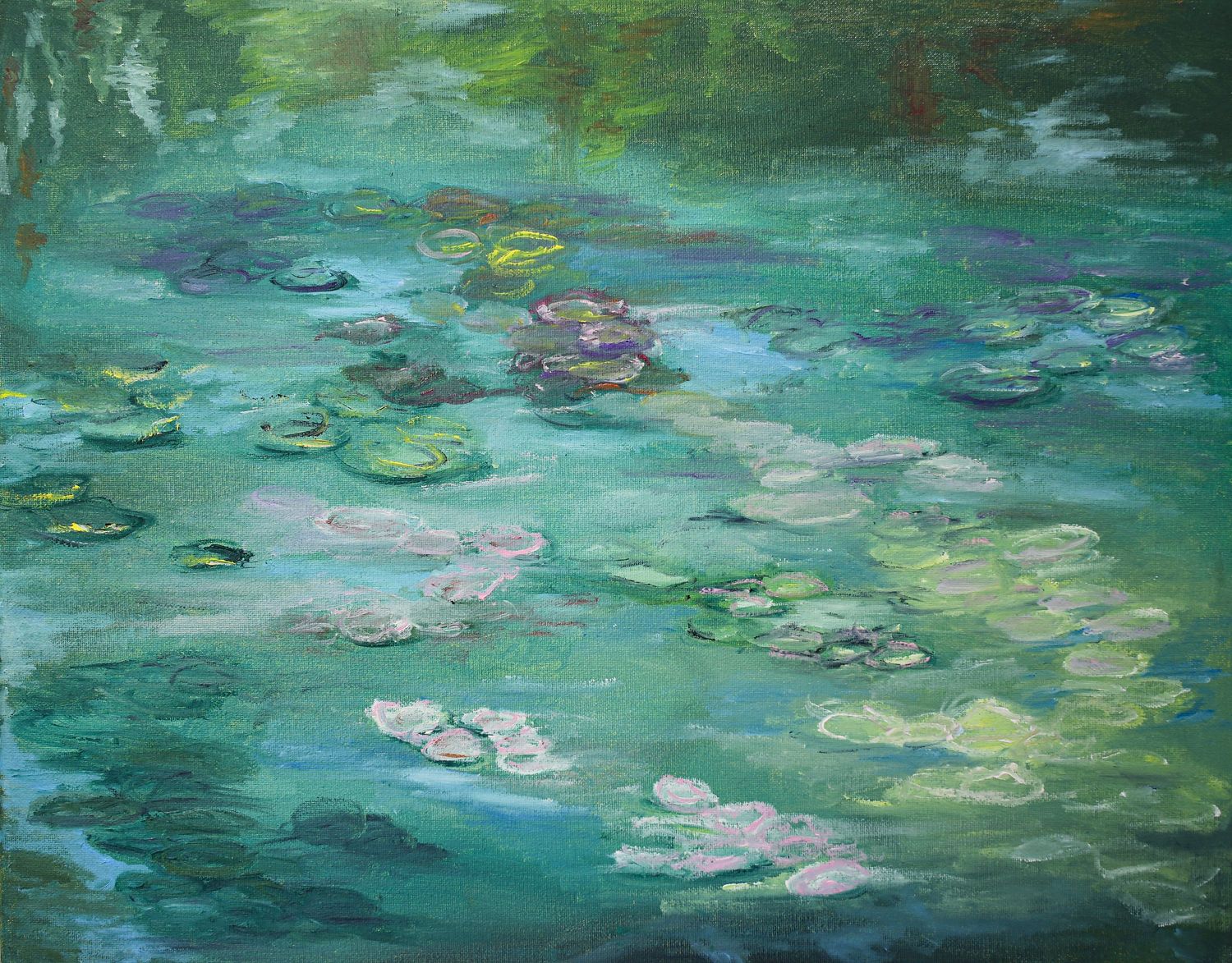 Abstract expressionist painting showcasing vibrant swirls of blue, pink, orange and green paint in dynamic brushstrokes.