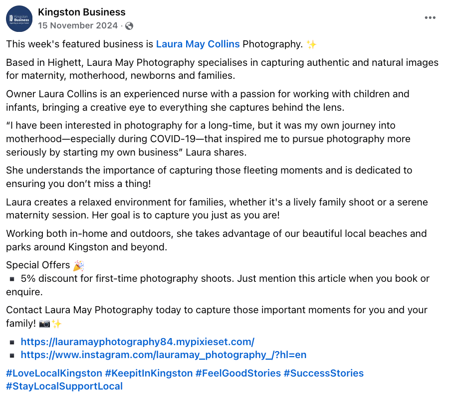 A social media post announcing Laura May Collins Photography business services.