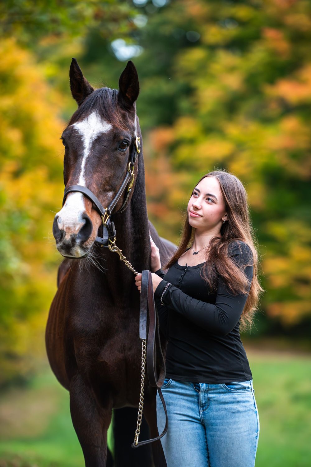 A dark brown horse with white blaze stands with its handler against autumn foliage in a nature setting.