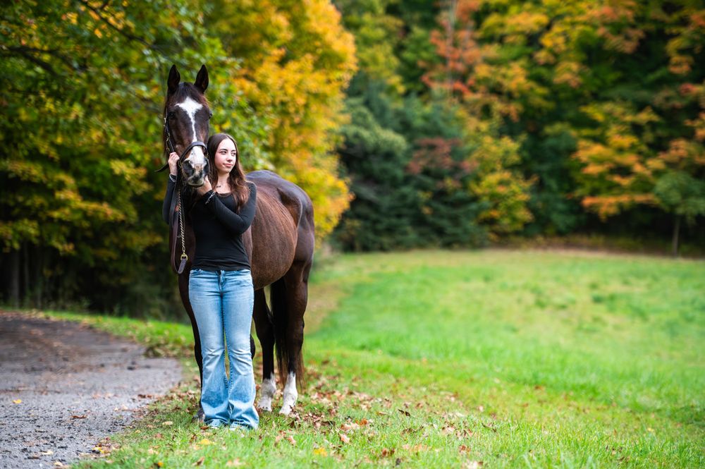 A brown horse stands with a person on a dirt path surrounded by vibrant autumn foliage.