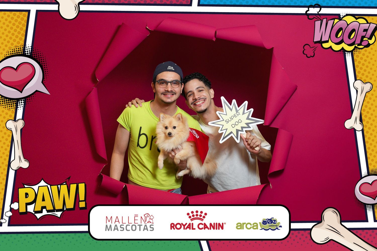 Colorful banner design with cartoon elements and brand logos including Royal Canin against a red background.