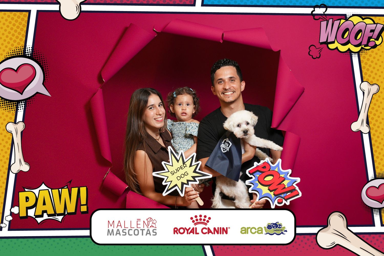 Decorative header banner with cartoon graphics and pet brand logos on a crimson background.