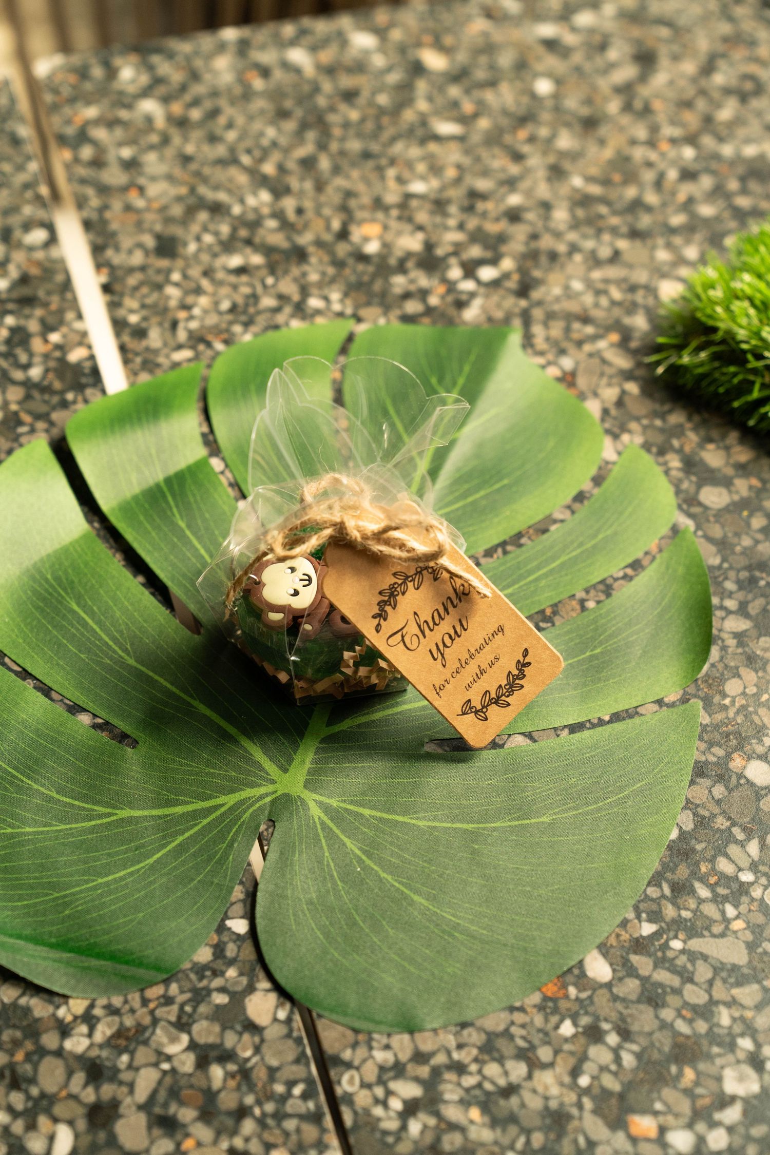 Four green banana leaves arranged in a row on concrete display small handwritten tags with string attachments.