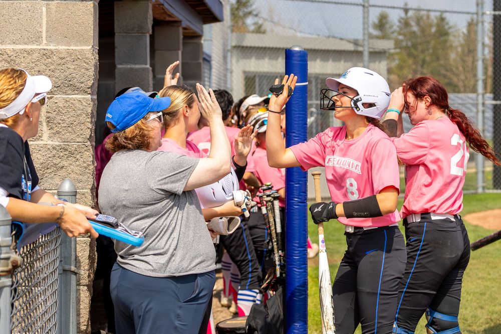 Team members interact along fence line during softball game.