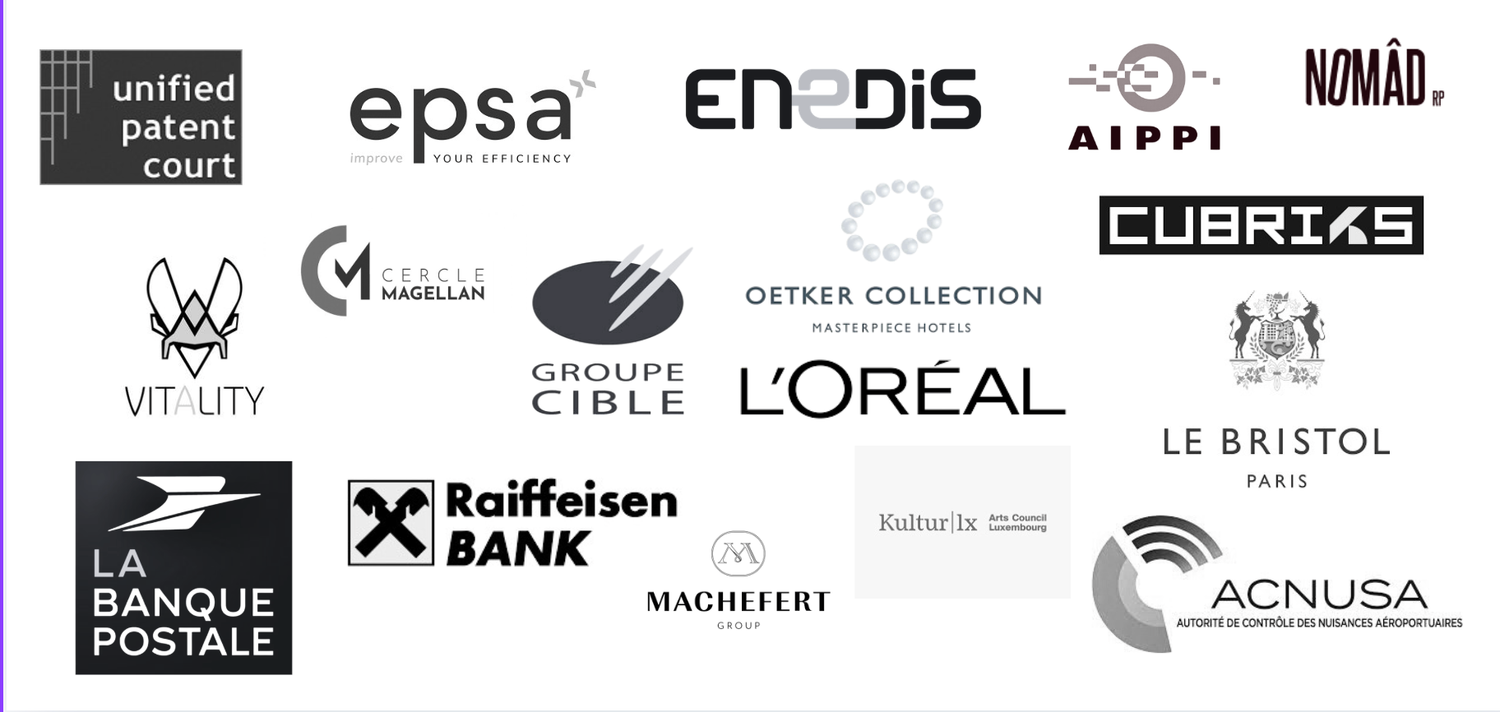Collection of black and white business logos including L'Oreal, Raiffeisen Bank, VF City, Cubrika, EPSA and others.