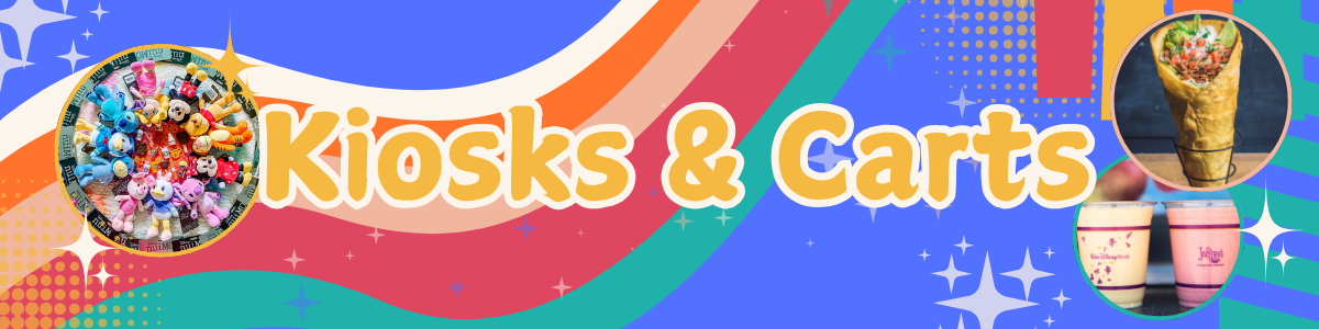 Colorful banner design for theme park kiosks and carts with cartoon food illustrations.