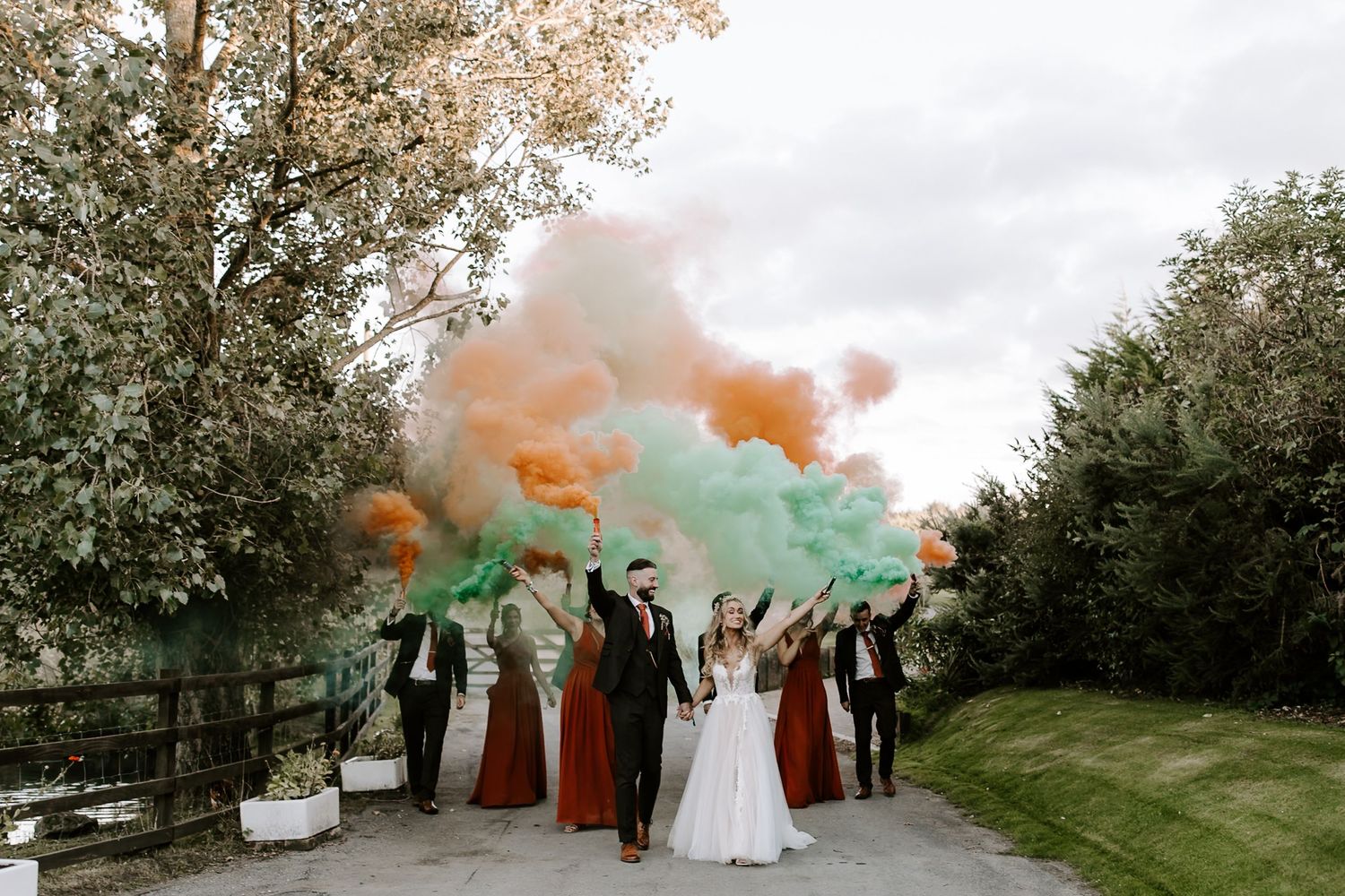south Causey Inn smoke bombs, with wedding party