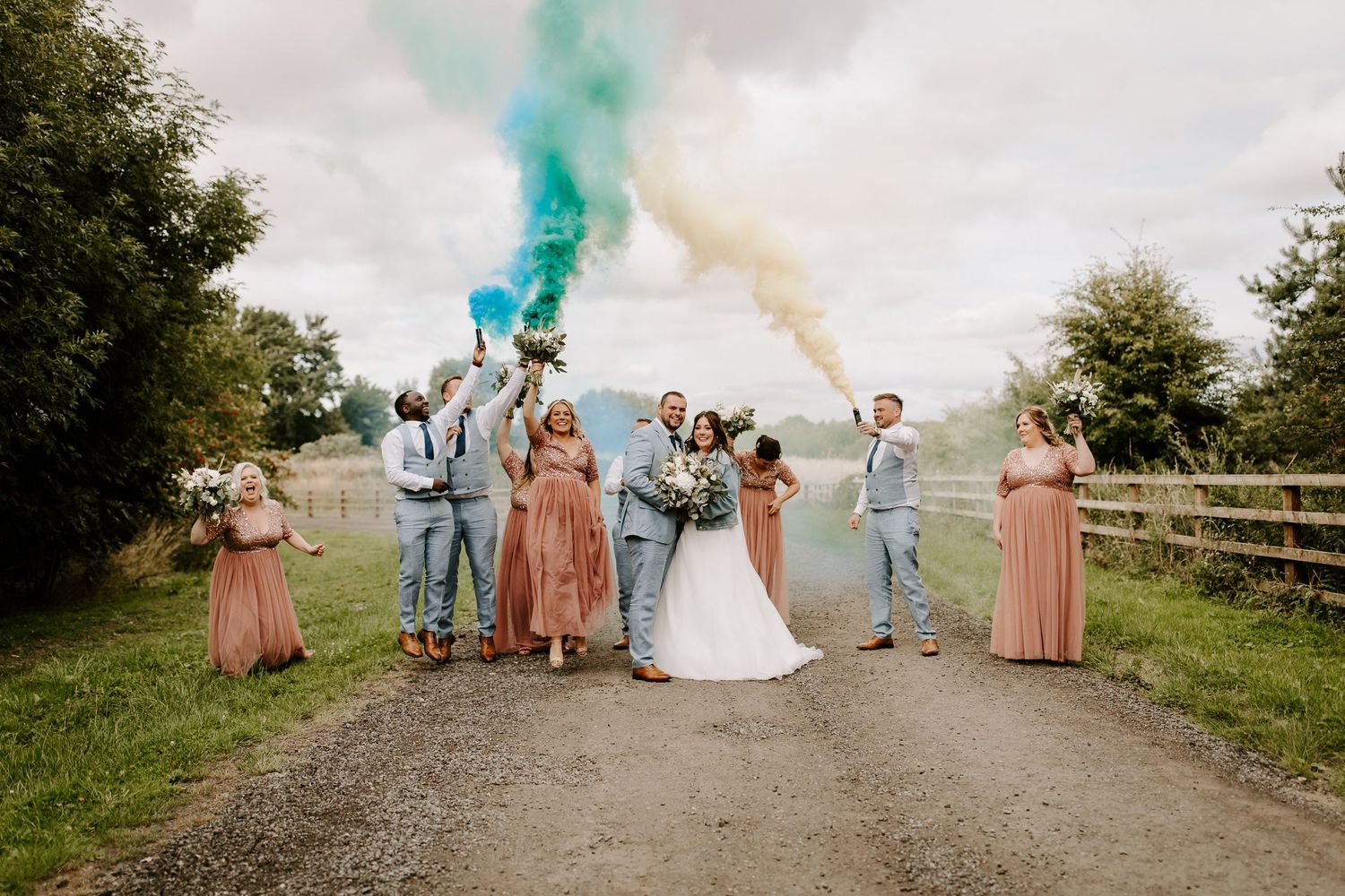 smoke flares at Bradburty glade, with wedding party