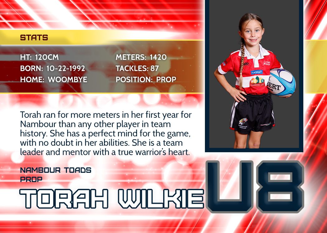 Individual team photo of rugby player taken by Sunshine Coast Sports Photographer, Rachel Wright in Player Trading Card style