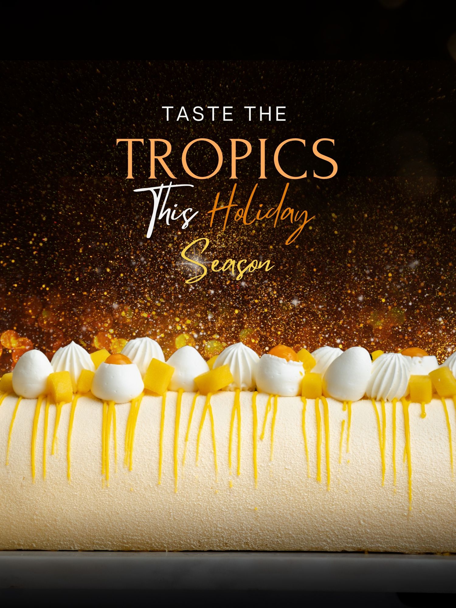 A festive tropical yule log cake with mango drizzle and cream rosettes on a dark holiday background.