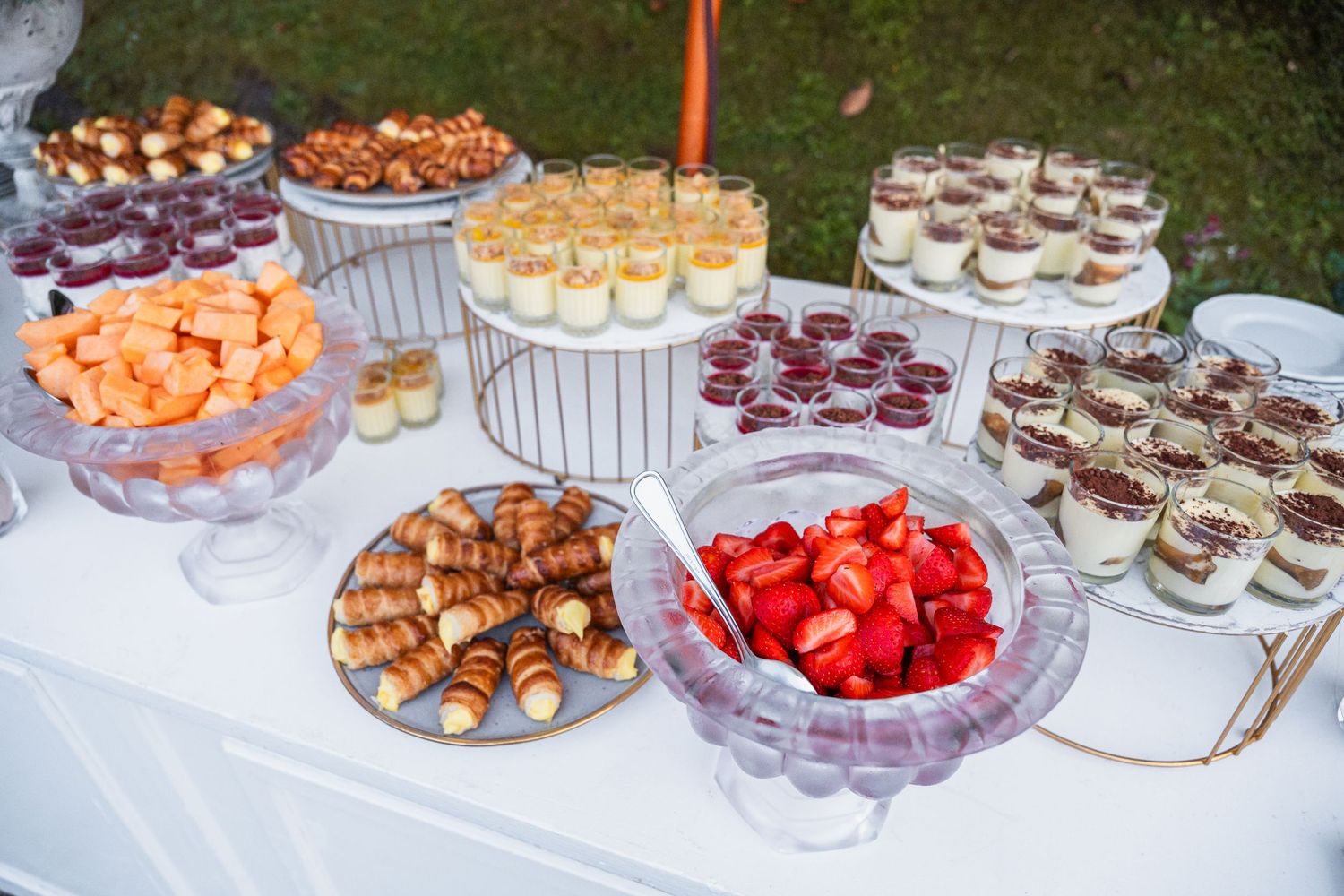 A long buffet table outdoors displays an assortment of desserts, pastries, fruits and sweet treats for a party spread.