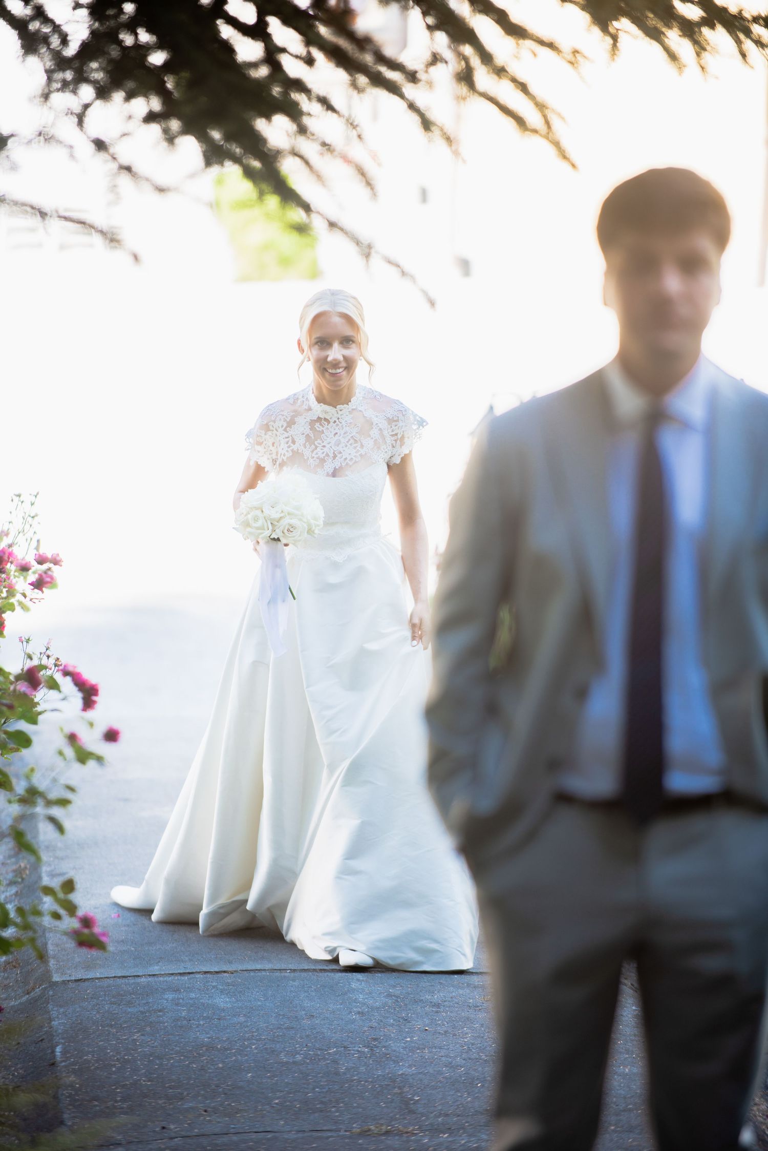 A creative wedding photo series showing a bride in white dress with groom in dark suit using selective focus techniques.