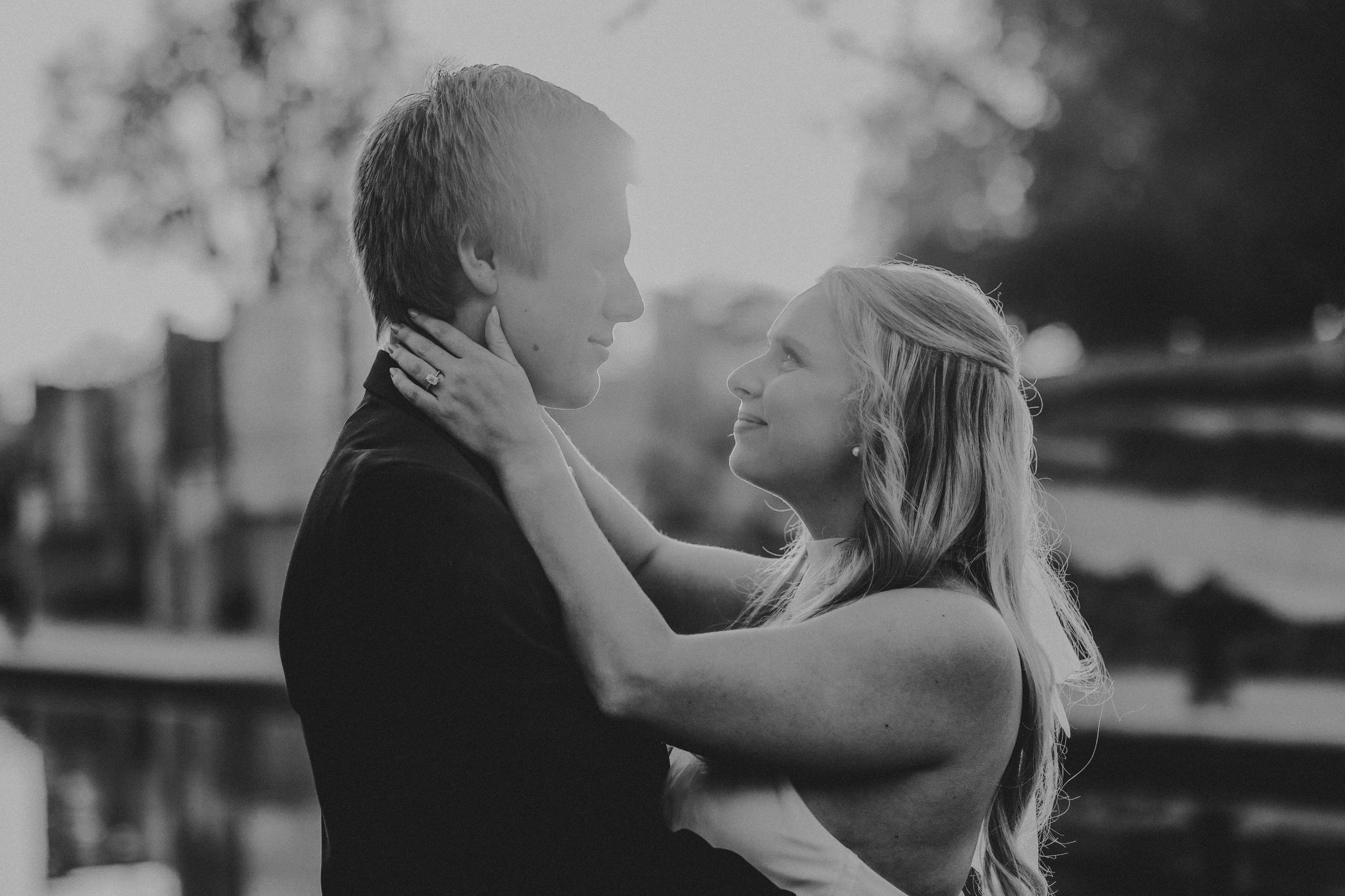Black and white romantic wedding photo montage showing intimate moments between couples dancing and embracing.