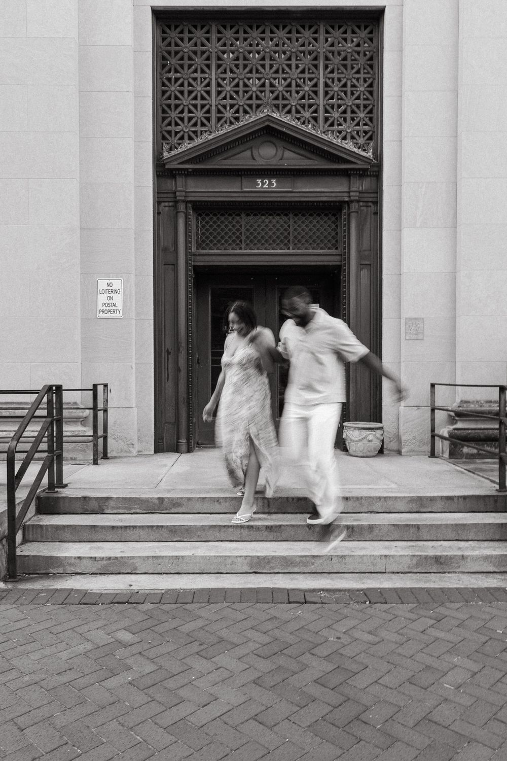 A sequence of four black and white photos showing figures entering an ornate doorway with decorative metalwork above.