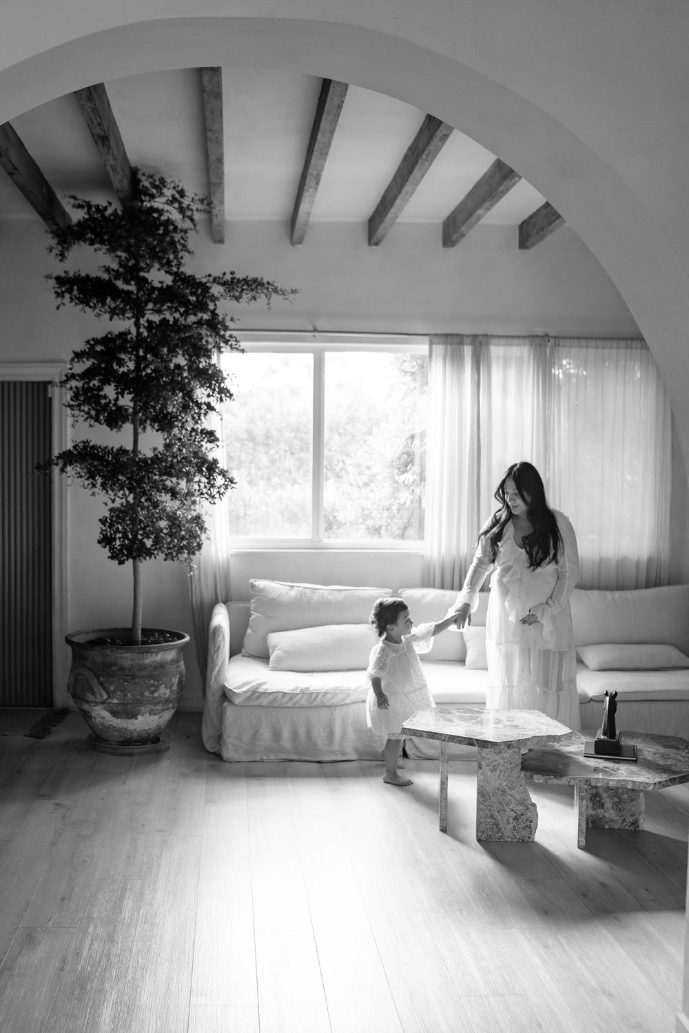 A sunlit living room with exposed beams features a tall indoor tree and white furniture.