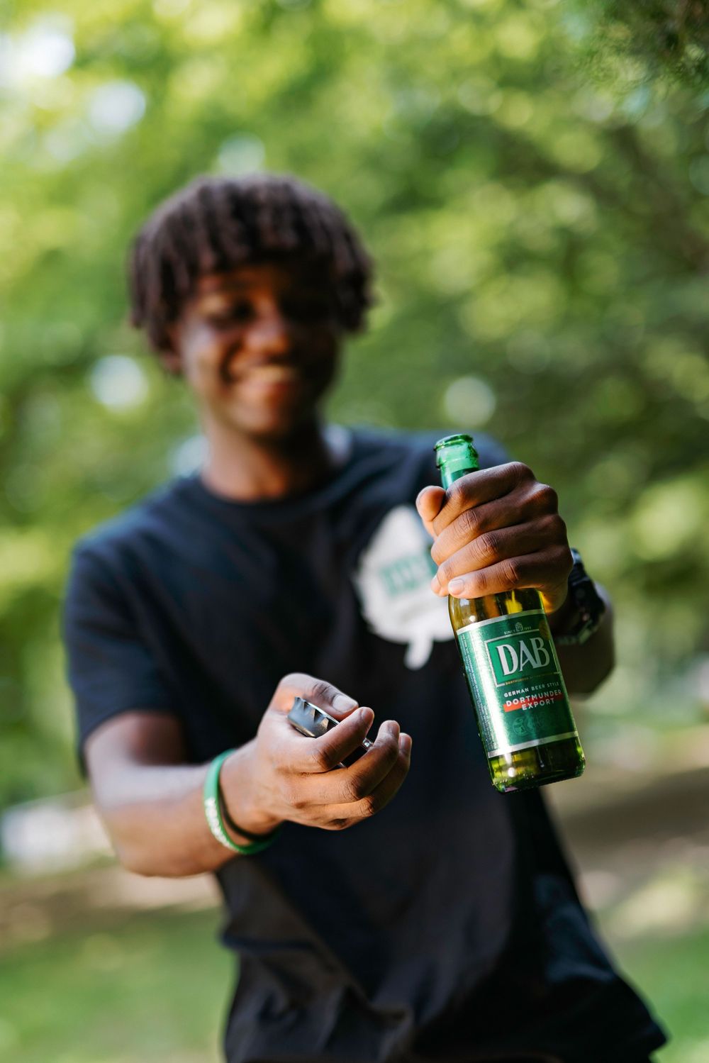 A series of four photos showing hands holding jars of supplements against a blurred green outdoor background.