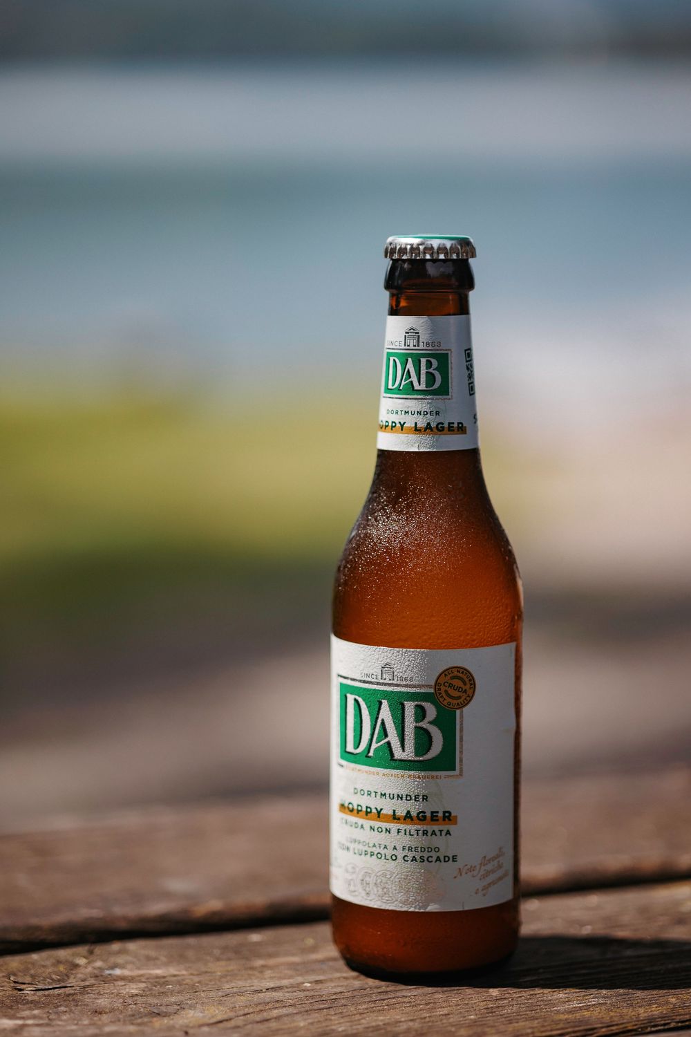 Close-up shots of various beer bottles with shallow depth of field on wooden surface in natural lighting.