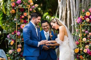A collection of colorful wedding ceremony moments with floral decorations and couples exchanging vows in a garden setting.
