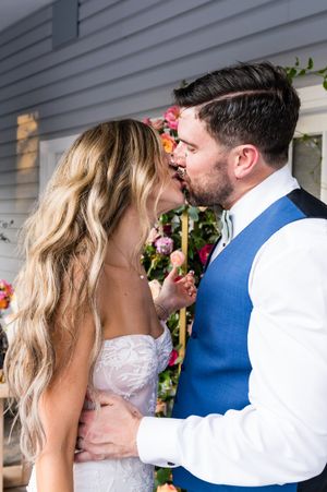 A romantic sequence of wedding photos showing tender moments between newlyweds against a light-colored wall.