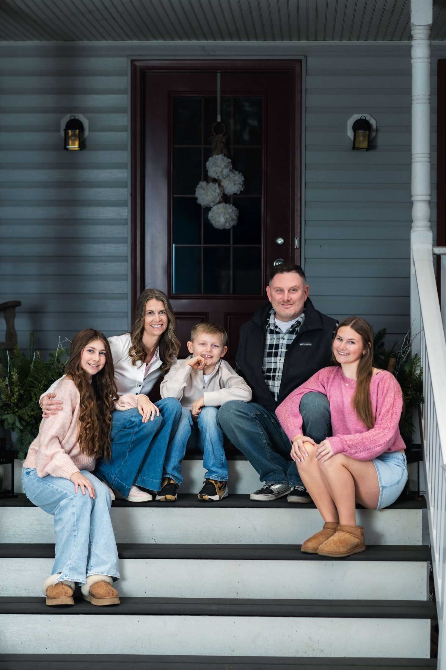 A group sits together on a gray porch, arranged in a casual scene across multiple connected photos.