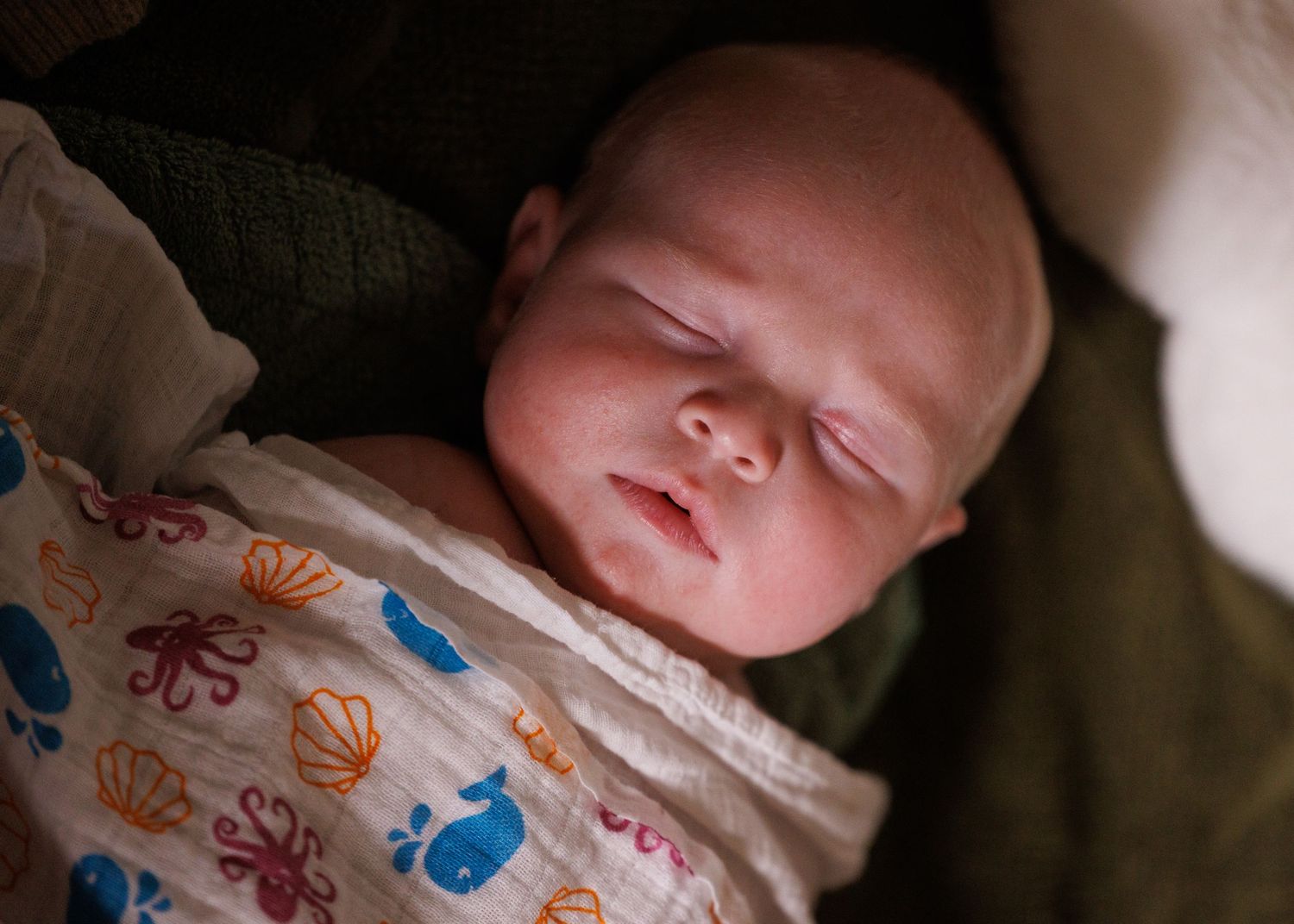 Infant resting on blanket wearing a diaper with colorful animal prints.