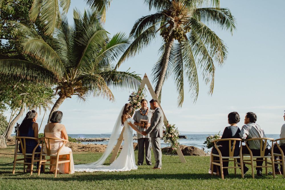 Palm trees line a beachfront wedding ceremony setup with wooden chairs.
