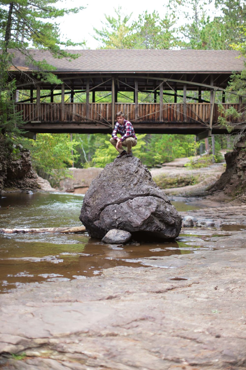 Scenic wooden footbridge crossing over a rocky stream in a forest landscape.