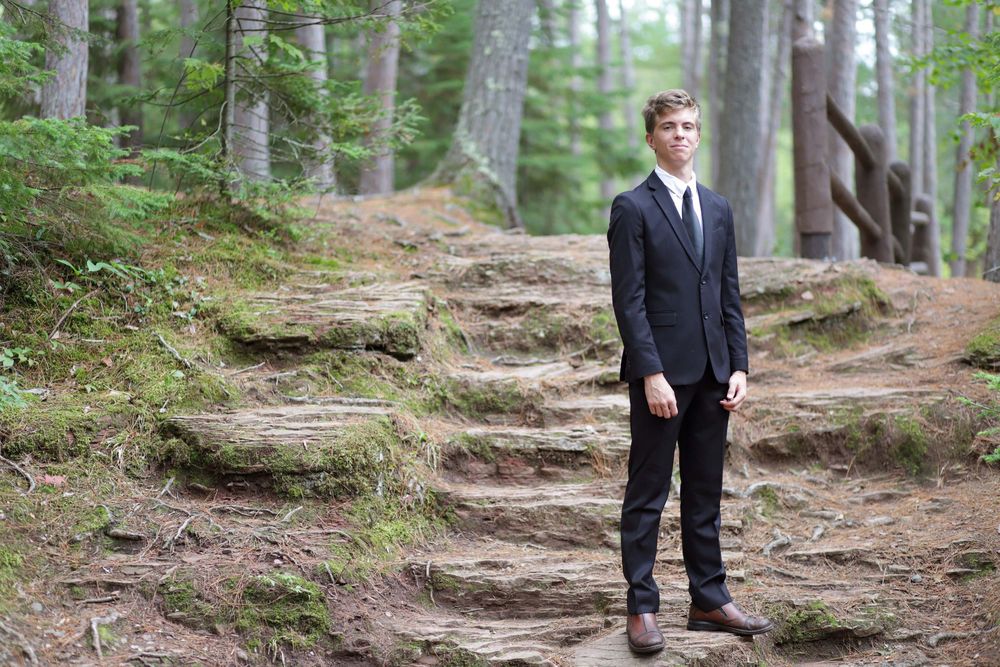 Person walking along a winding forest trail surrounded by tall pine trees.
