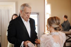 A series of tender moments during a wedding celebration with formal attire and warm lighting in an indoor setting.