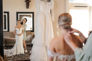 A series of wedding preparation photos showing a bride getting ready in a sunlit room with elegant white decor.